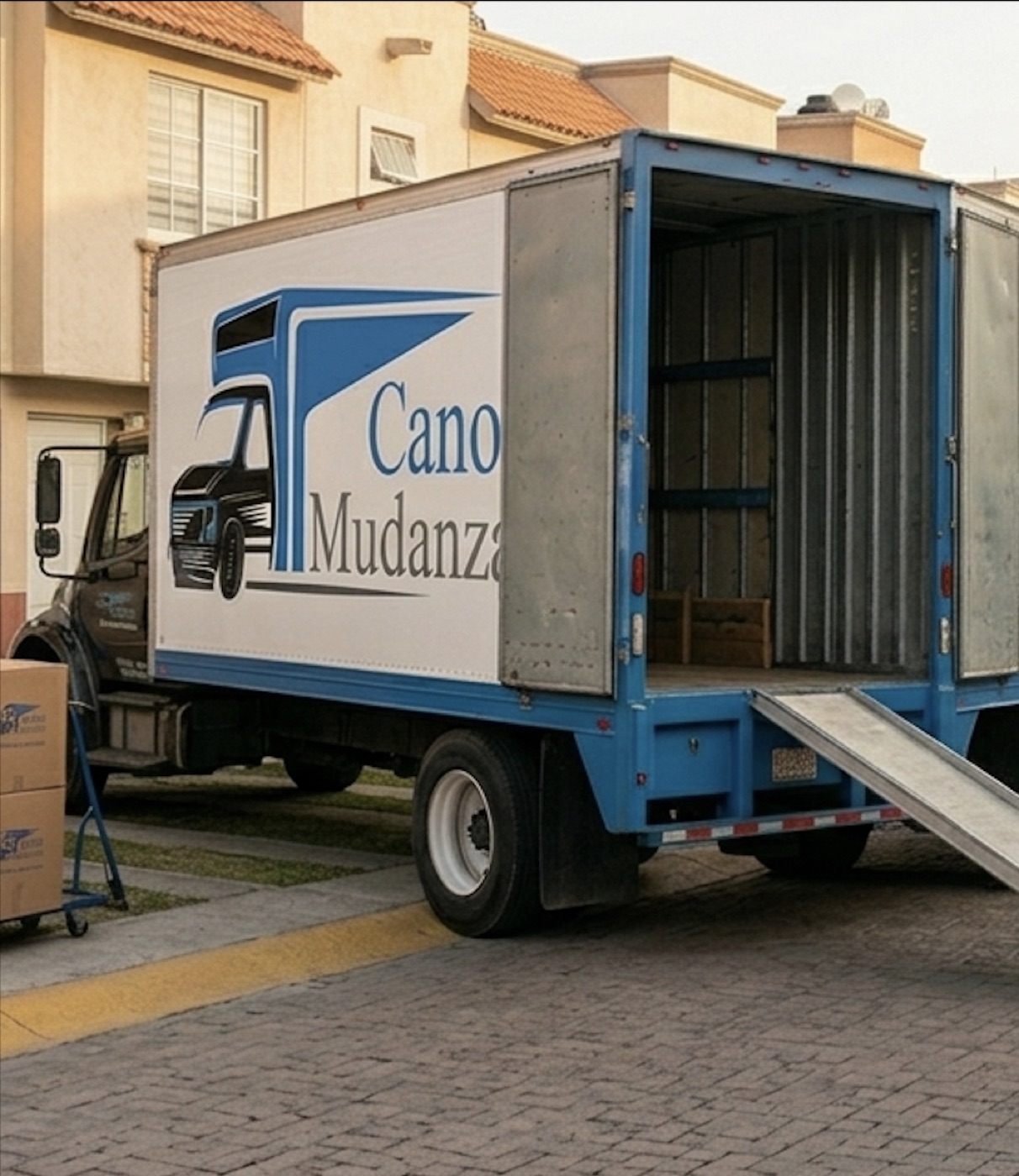 Camión de Mudanzas Cano con la rampa lista para cargar frente a una casa